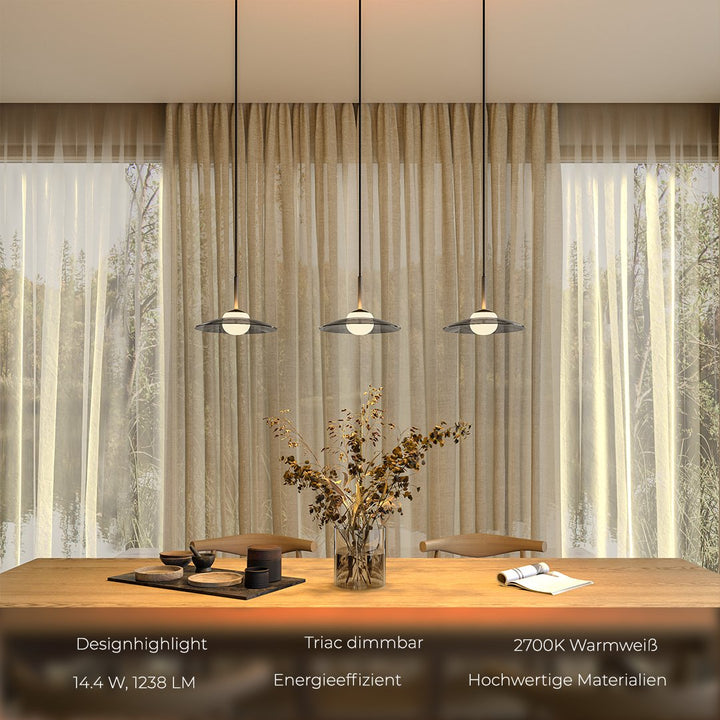 Dimmbare LED Pendelleuchte mit rauchgrauem Glas